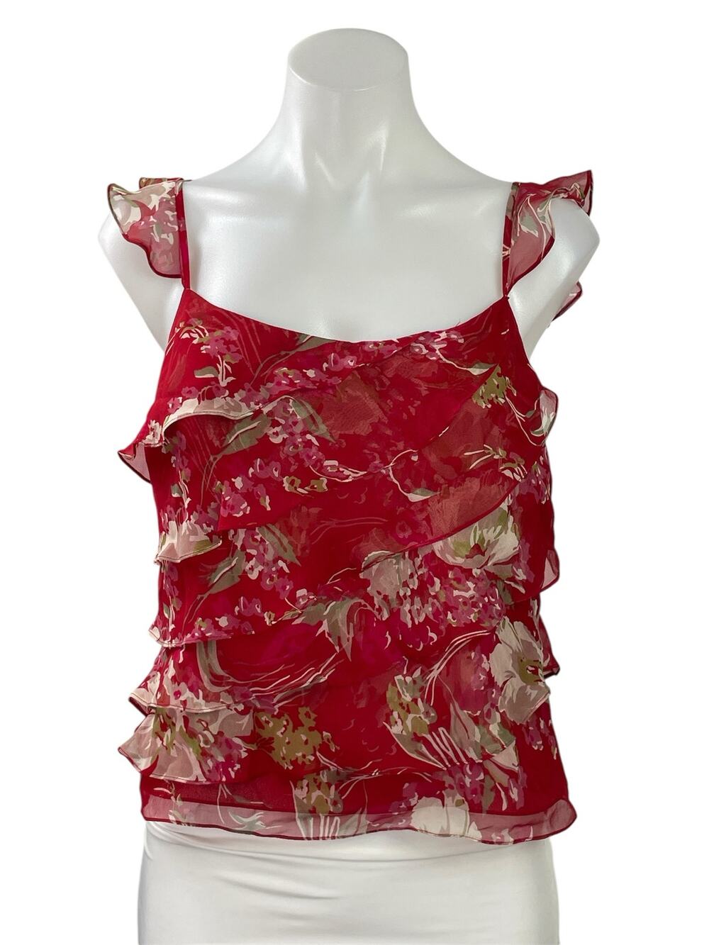 ECI Womens Red Floral Print Sleeveless Ruffle Layered Blouse Tank Top Size 12P